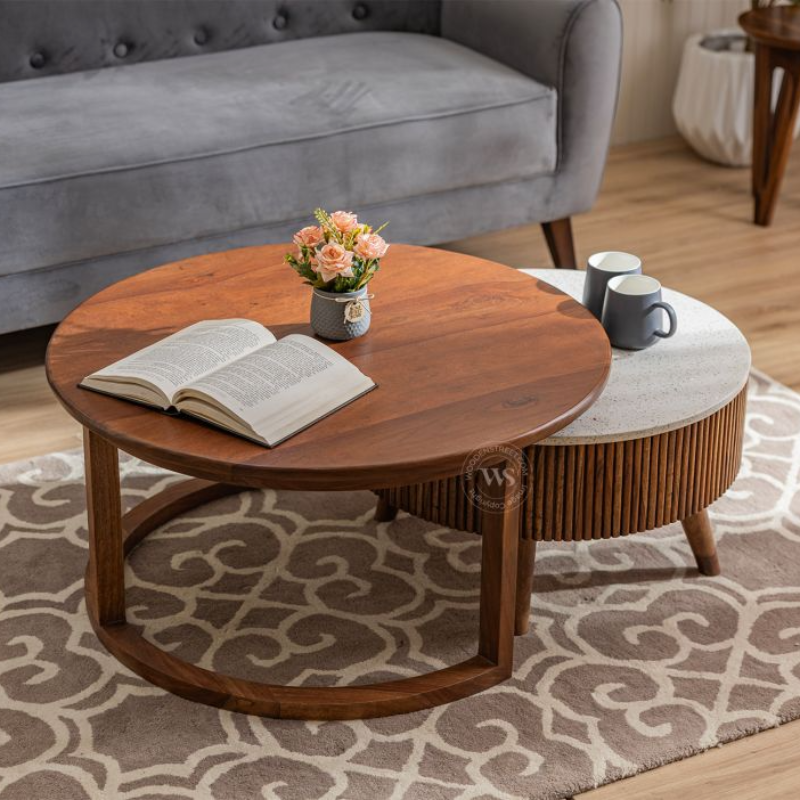 Akasa Sheesham Wood Nesting Coffee Tables With Storage, Set of 2 (Teak Finish)